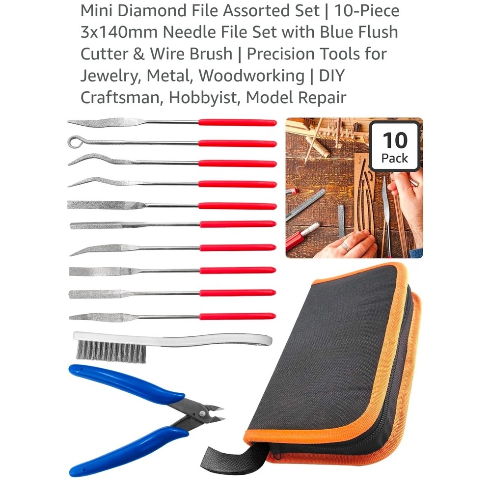 10pc Mini Diamond Needle File Set with Flush Cutter and Wire Brush Kit